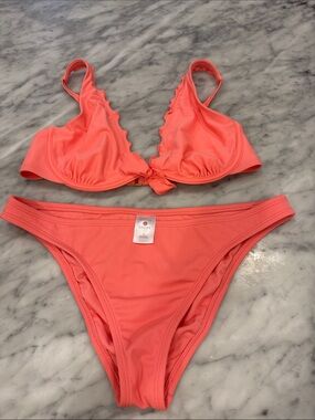 Shade & Shore Coral Pink Scalloped Tie Bikini